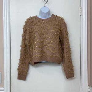 ZARA Women Soft Knit Sweater Texture Glittery Ruffles, Tan/Beige, Size M, NWOT